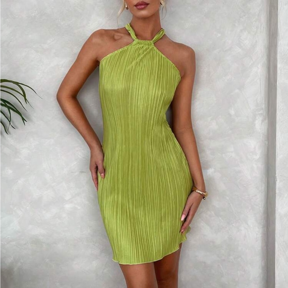 Green pleated halter neck mini dress size S